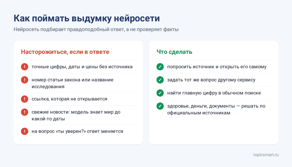 Схема: признаки выдуманного ответа нейросети и что делать